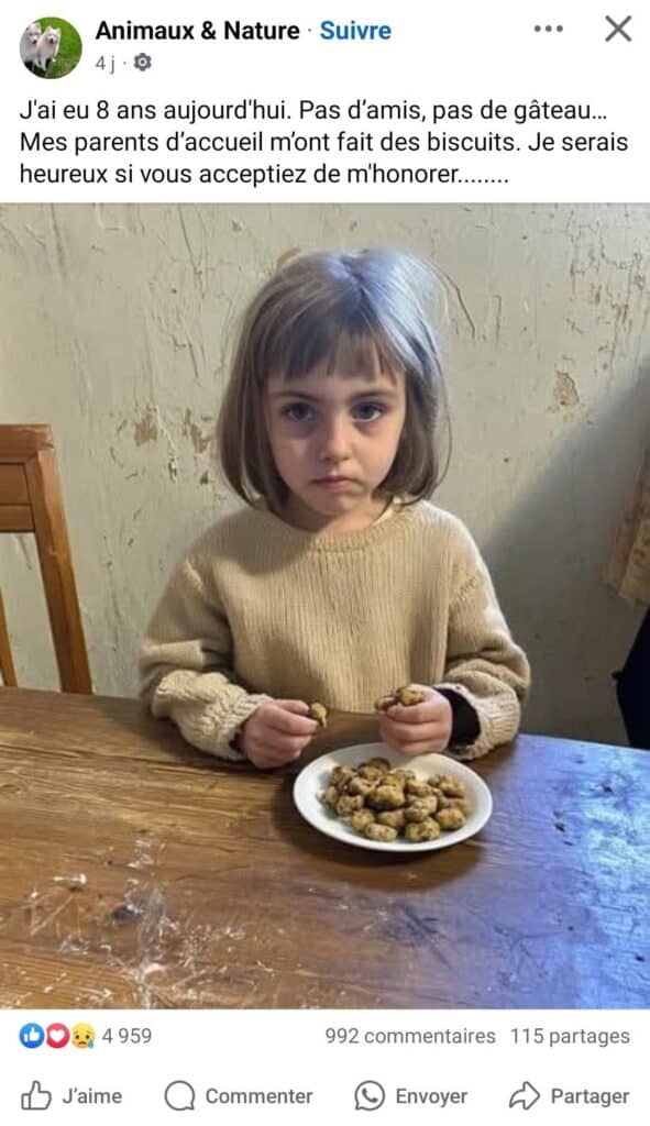 illustration de boomer trap ou piège a senior avec une image générée par IA (intelligence artificielle) publiée sur Facebook d'une petite fille pauvre et triste visant à faire réagir rapidement l'audience