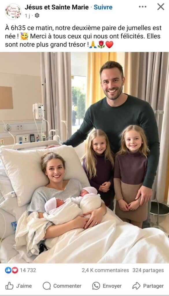 Image générée par IA (intelligence artificielle) d'une famille à l'hôpital avec la maman sur le lit, avec deux nouveaux nées qui sont des jumelles, à côté du papa et de deux plus grandes filles qui sont aussi des jumelles. Illustration d'une boomer trap ou piège à senior sur Facebook